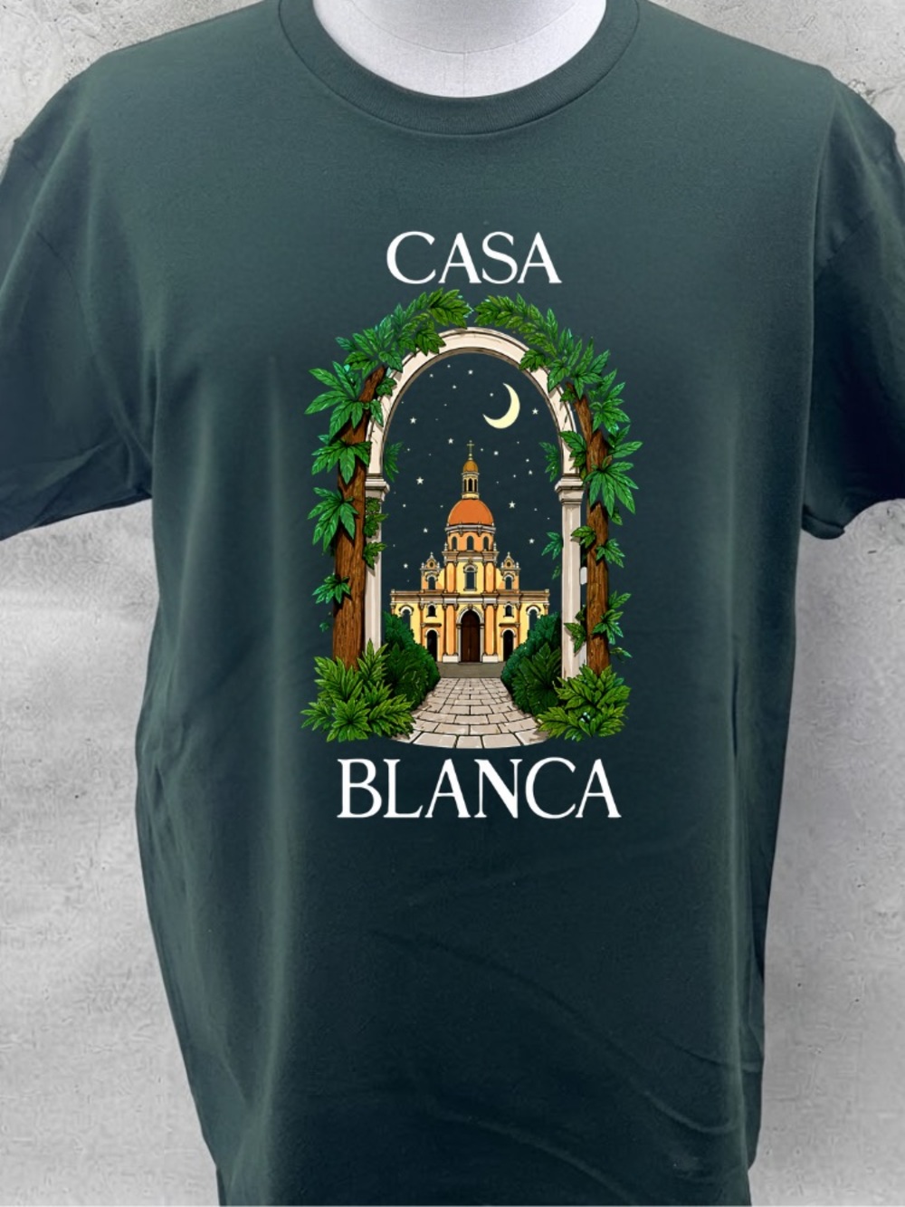 Casa Blanca Arch Dome Building Night Sky Crescent Moon Foliage Vintage T-shirt